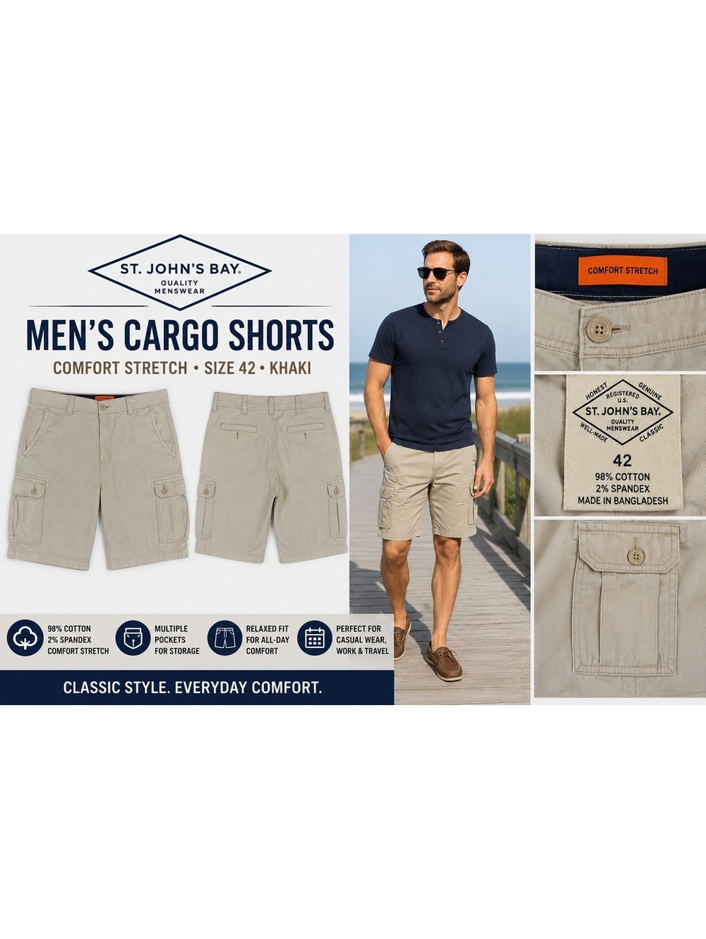 St. John’s Bay Men’s Cargo Shorts Size 42 Khaki Comfort Stretch Cotton Casual